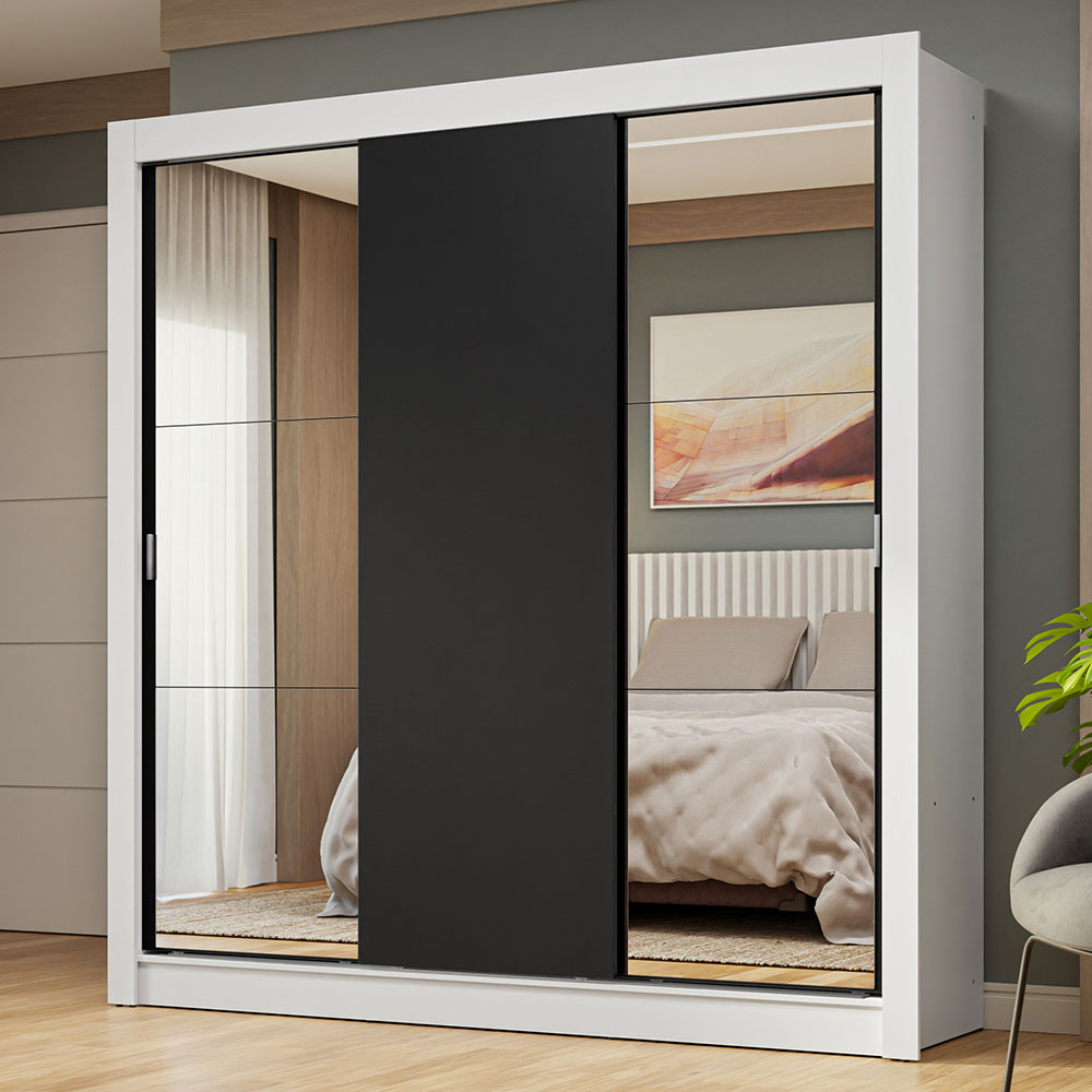 Clóset Matrimonial 3 Puertas Corredizas con Espejos Blanco/Negro Nobre
