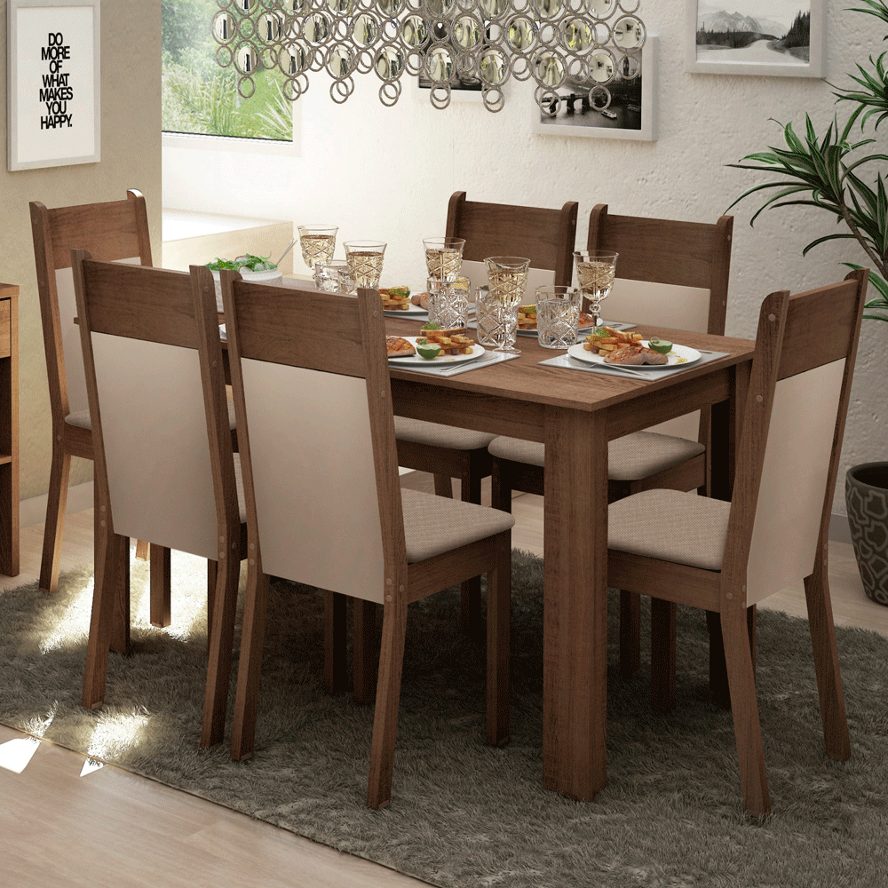 Juego de Comedor Madesa Jaíne Mesa de Madera + 6 Sillas Color Marrón/Crema Tapizadas en Tela Sintética Beige