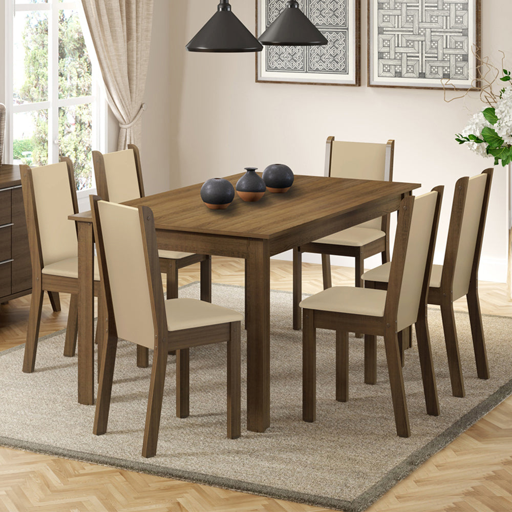Conjunto Comedor Miriam Mesa Encimera de Madera con 6 Sillas Marrón/Crema/Sintético Beige
