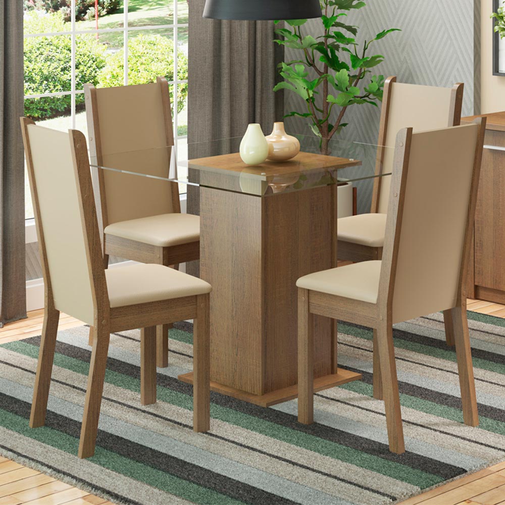 Juego de Comedor Mesa con Encimera de Vidrio y 4 Sillas Marrón/Crema/Beige Aline