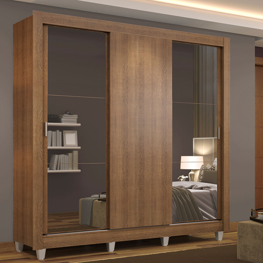 Clóset Matrimonial 3 Puertas Corredizas con Espejos con Patas Marrón Monaco