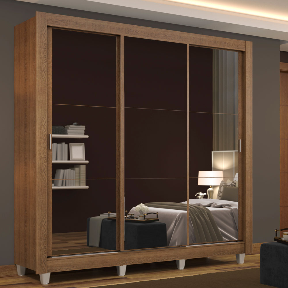 Clóset Matrimonial 3 Puertas Corredizas con Espejos con Patas Marrón Monaco