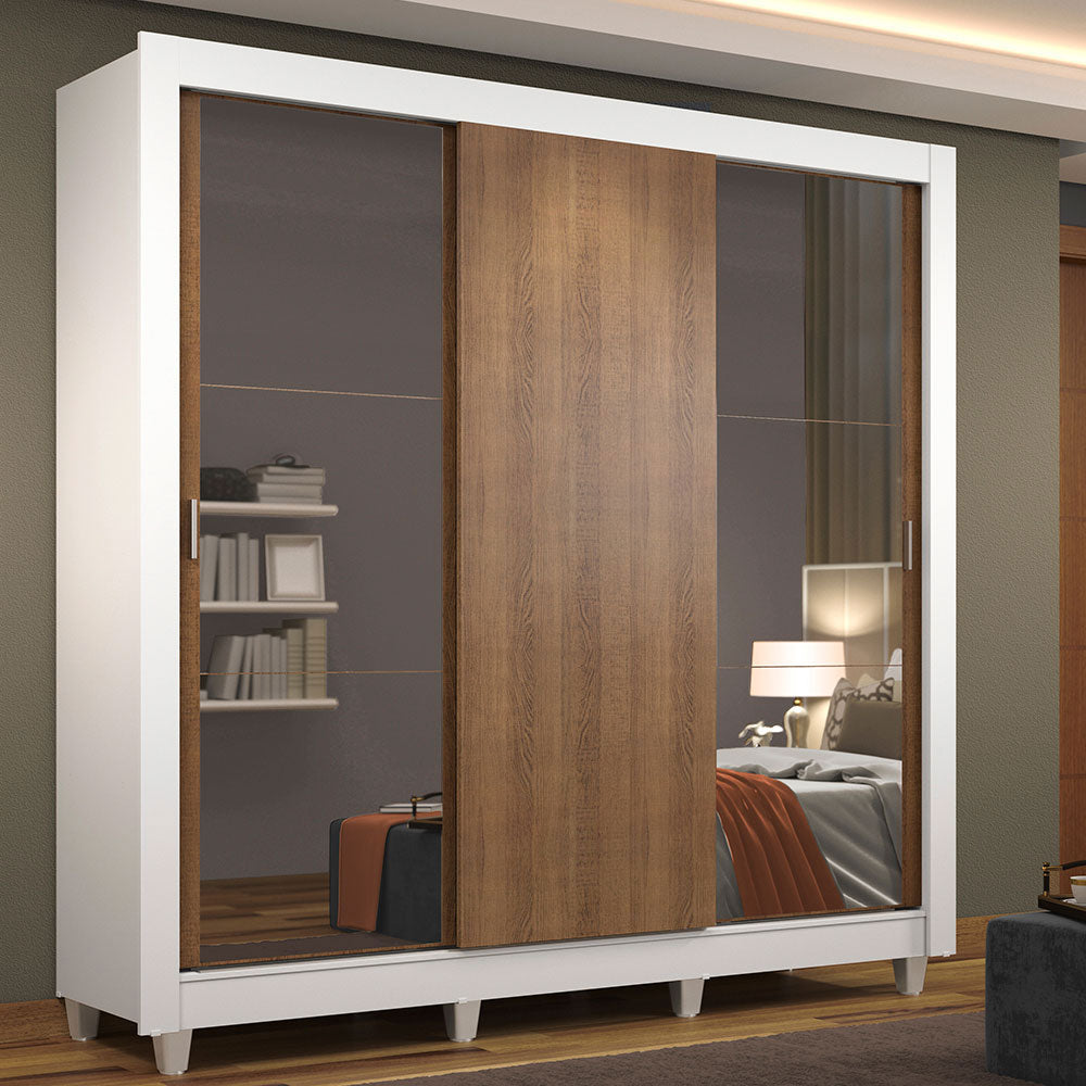 Clóset Matrimonial 3 Puertas Corredizas con Espejos con Patas Blanco/Marrón Monaco
