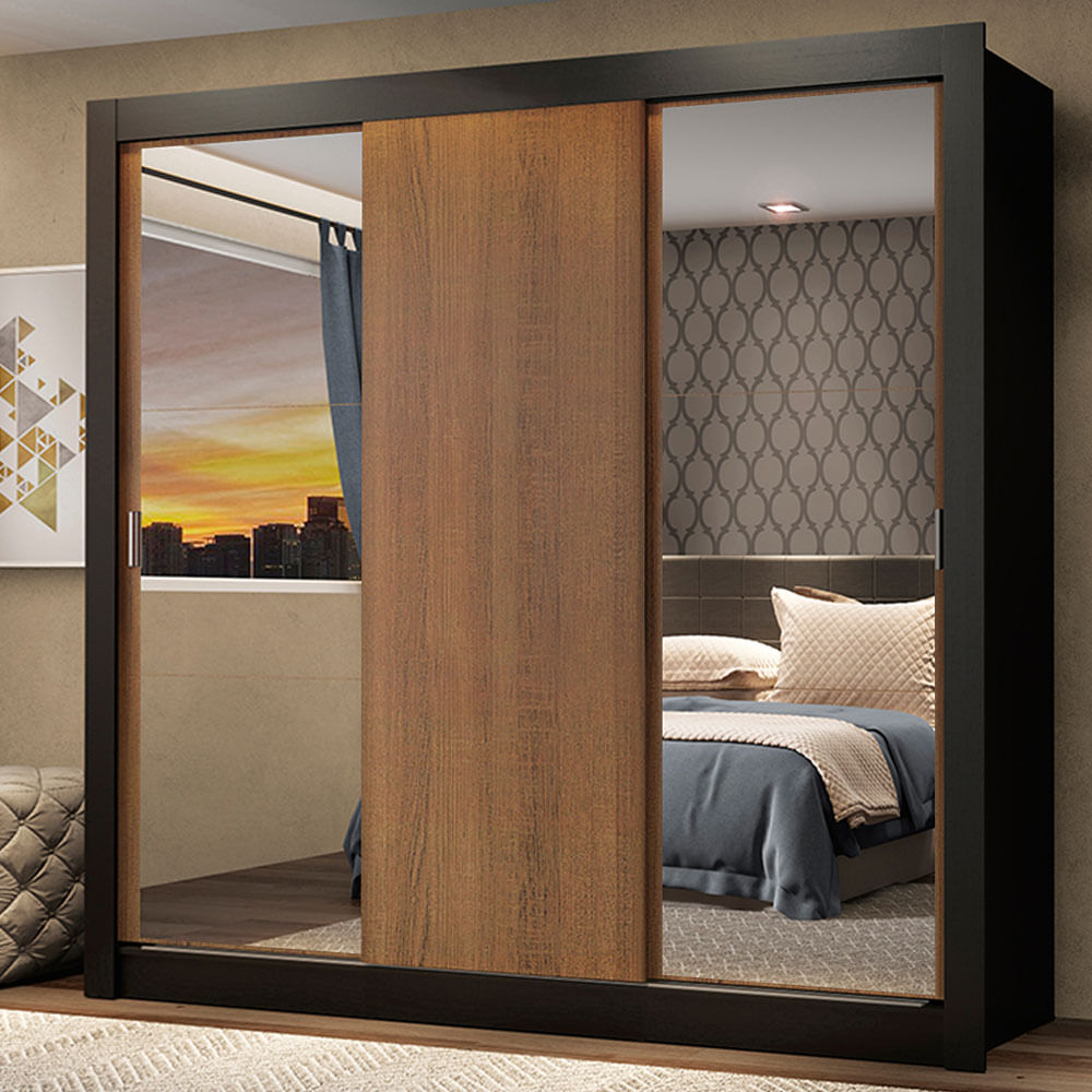 Clóset Matrimonial Monaco 3 Puertas Corredizas 2 con Espejos Negro/Marrón