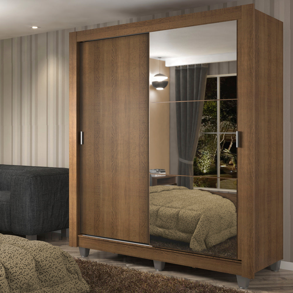 Clóset Soltero 2 Puertas Corredizas con Espejo 4 Cajones con Pies Marrón Dallas Plus