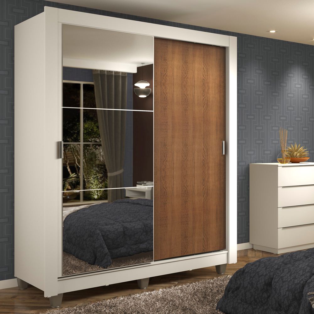 Clóset Soltero 2 Puertas Corredizas Espejo 2 Cajones con Patas Blanco/Marrón Dallas