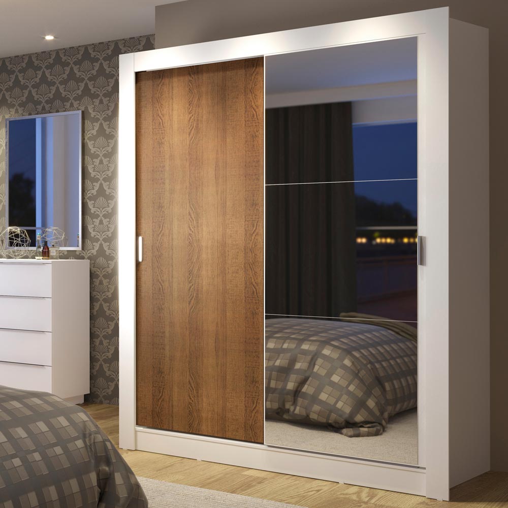 Clóset Soltero 2 Puertas Corredizas con Espejo 4 Cajones Blanco/Marrón Dallas Plus