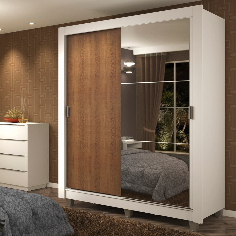 Clóset Soltero 2 Puertas Corredizas Espejo 4 Cajones con Patas Blanco/Marrón Dallas Plus