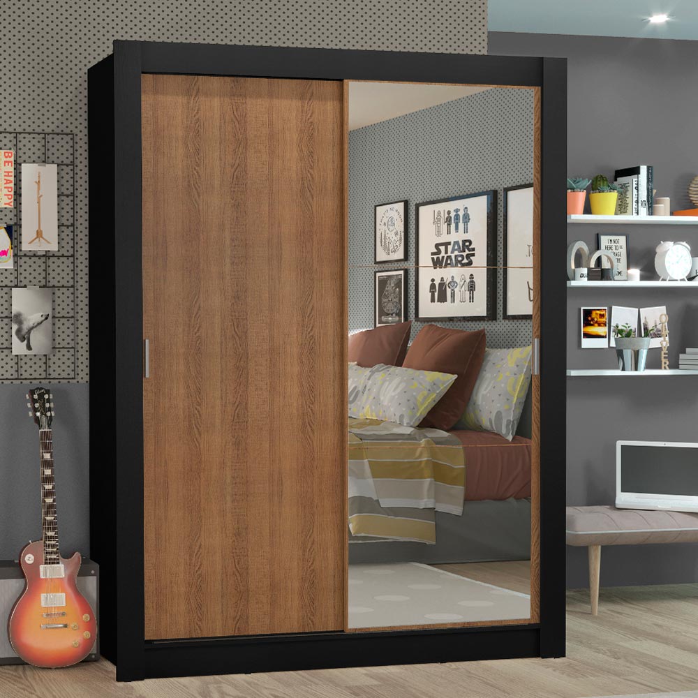 Clóset Soltero 2 Puertas Corredizas con Espejo Negro/Marrón Denver