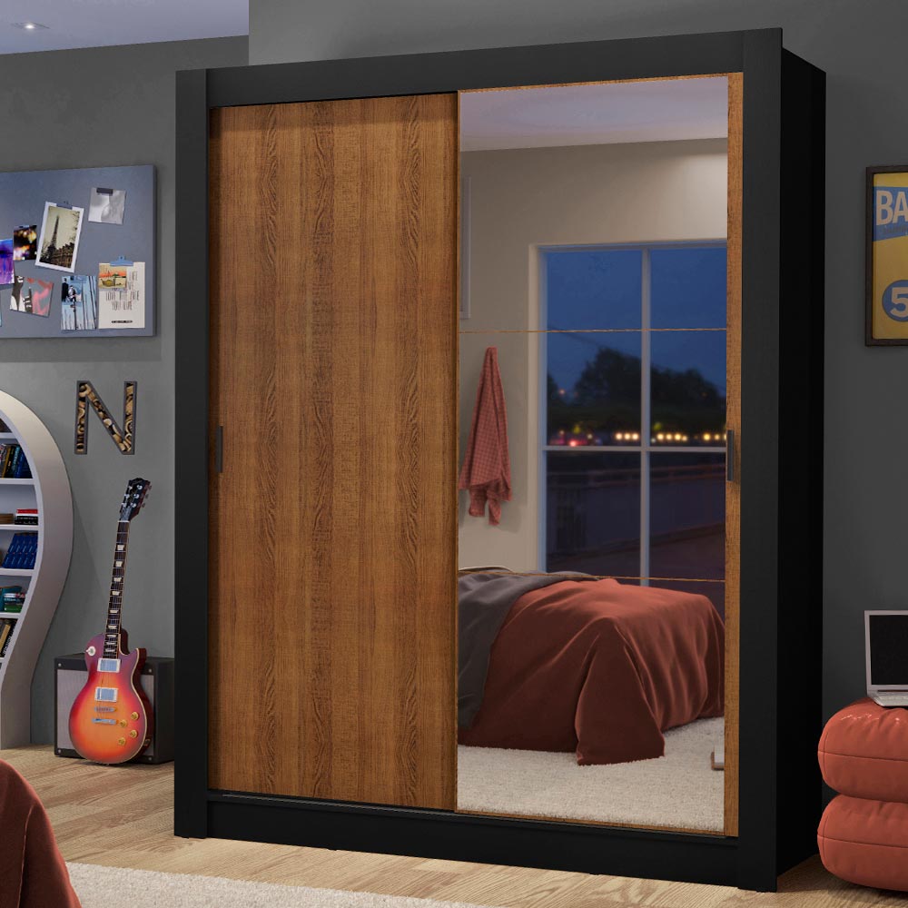 Clóset Soltero 2 Puertas Corredizas con Espejo 2 Cajones Negro/Marrón Dallas