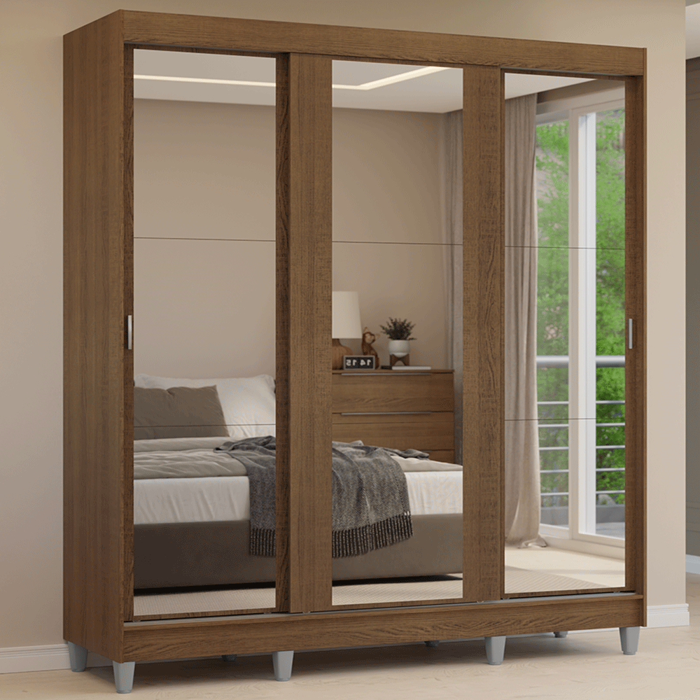 Clóset Matrimonial con Patas 3 Puertas Corredizas de Espejo Marrón Reno Madesa