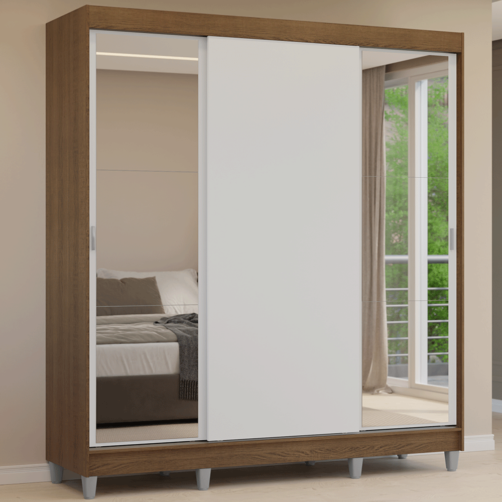 Clóset Matrimonial con Patas 3 Puertas Corredizas con Espejos Marrón/Blanco Reno Madesa