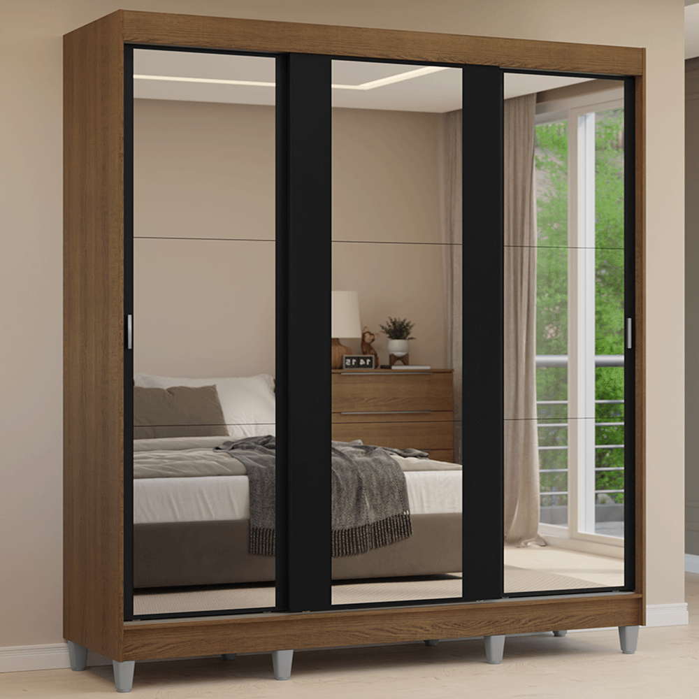 Clóset Matrimonial con Patas 3 Puertas Corredizas de Espejo Marrón/Negro Reno Madesa
