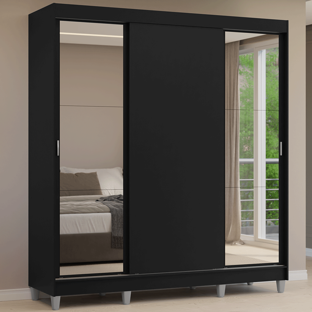Clóset Matrimonial con Patas 3 Puertas Corredizas con Espejos Negro Reno Madesa