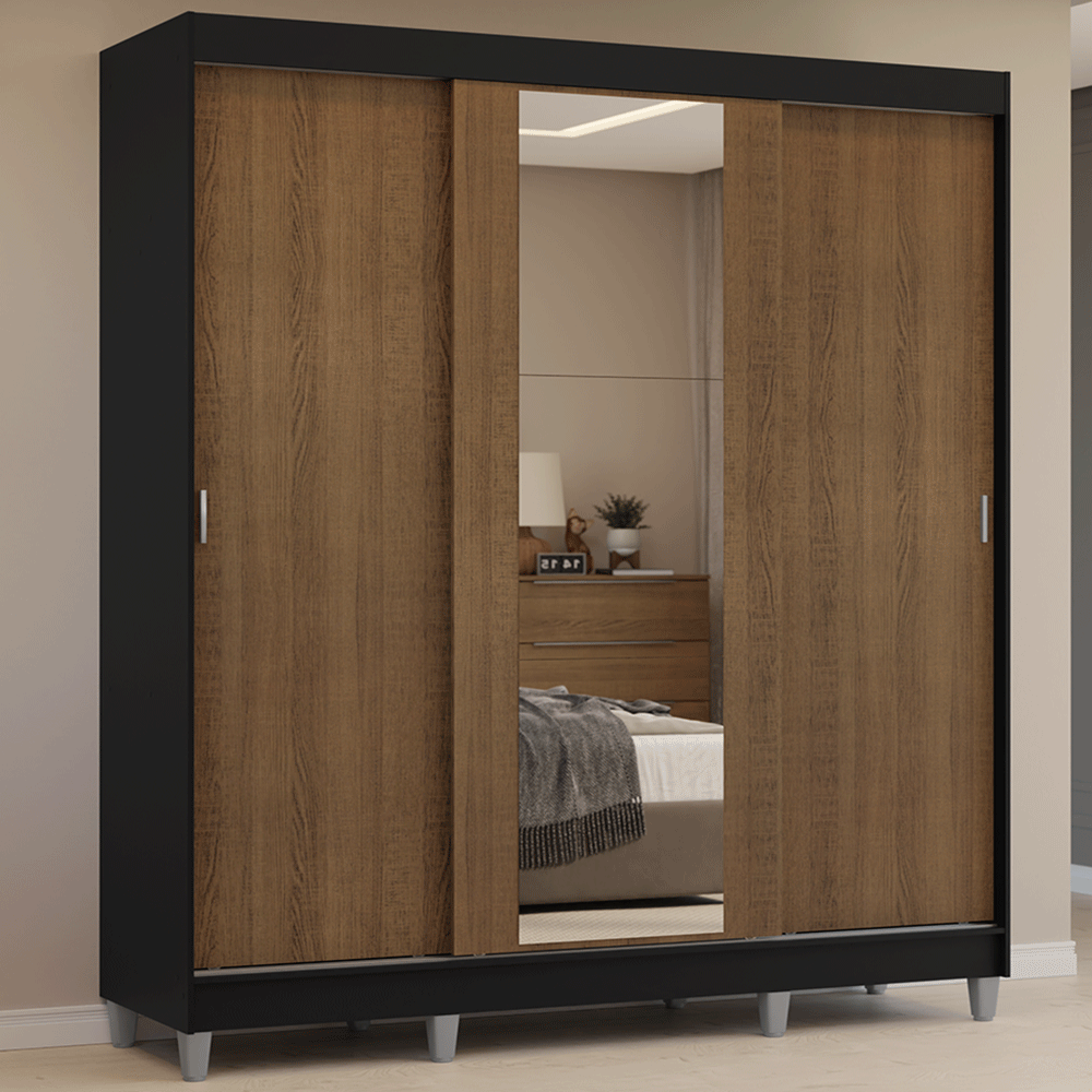 Clóset Matrimonial con Patas 3 Puertas Corredizas con Espejo Negro/Marrón Reno Madesa