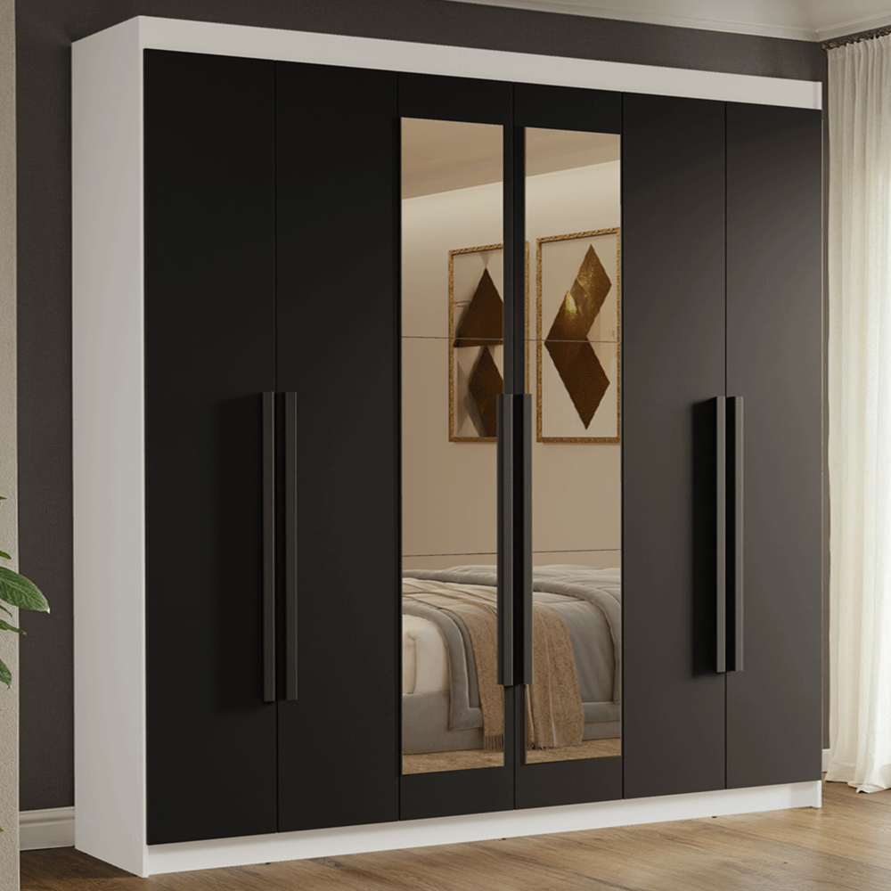 Clóset Matrimonial Venus 6 Puertas Batientes con Espejo Blanco/Negro/Negro