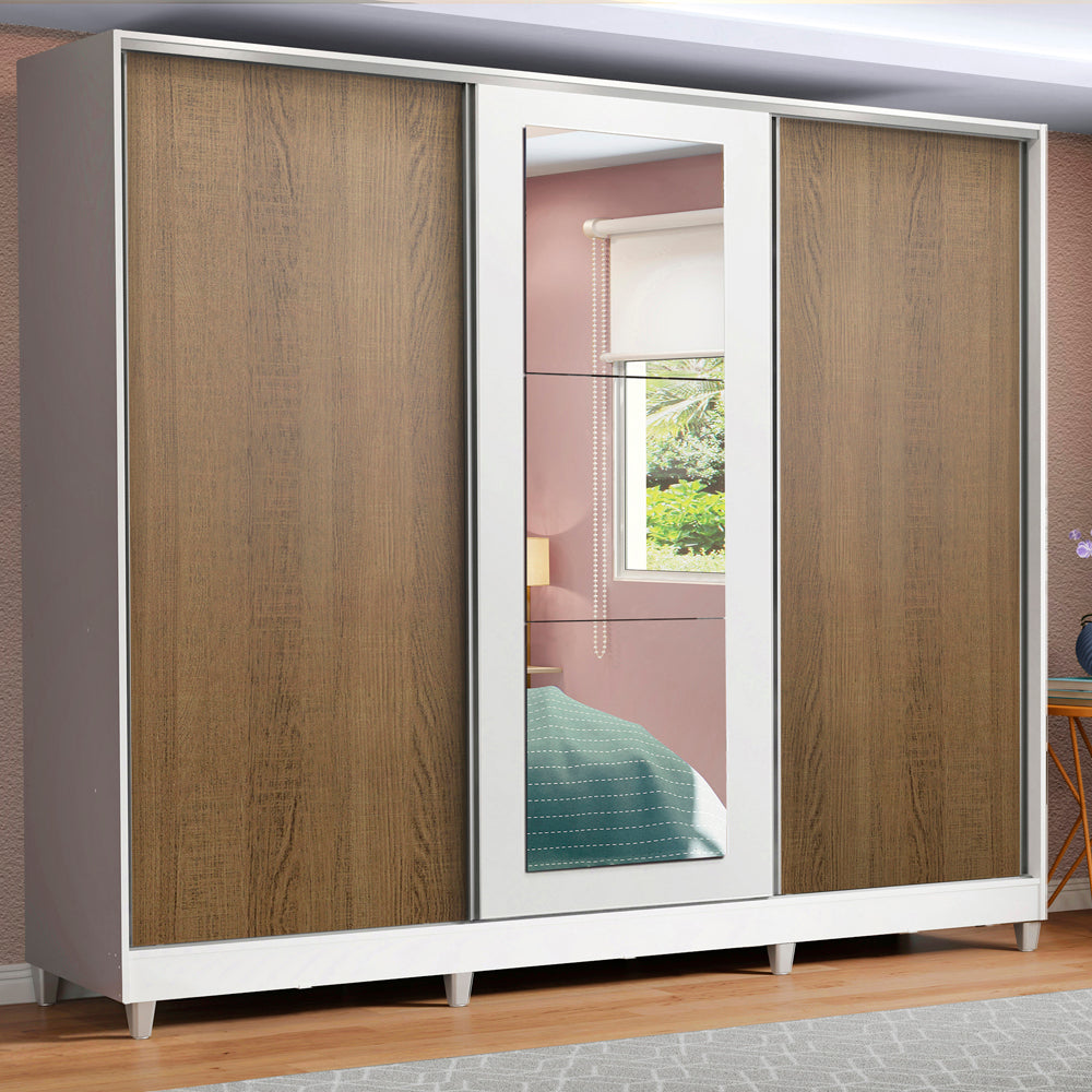 Clóset Matrimonial 100% MDF Eros 3 Puertas Correderas con Espejo con Patas Blanco/Marrón/Blanco
