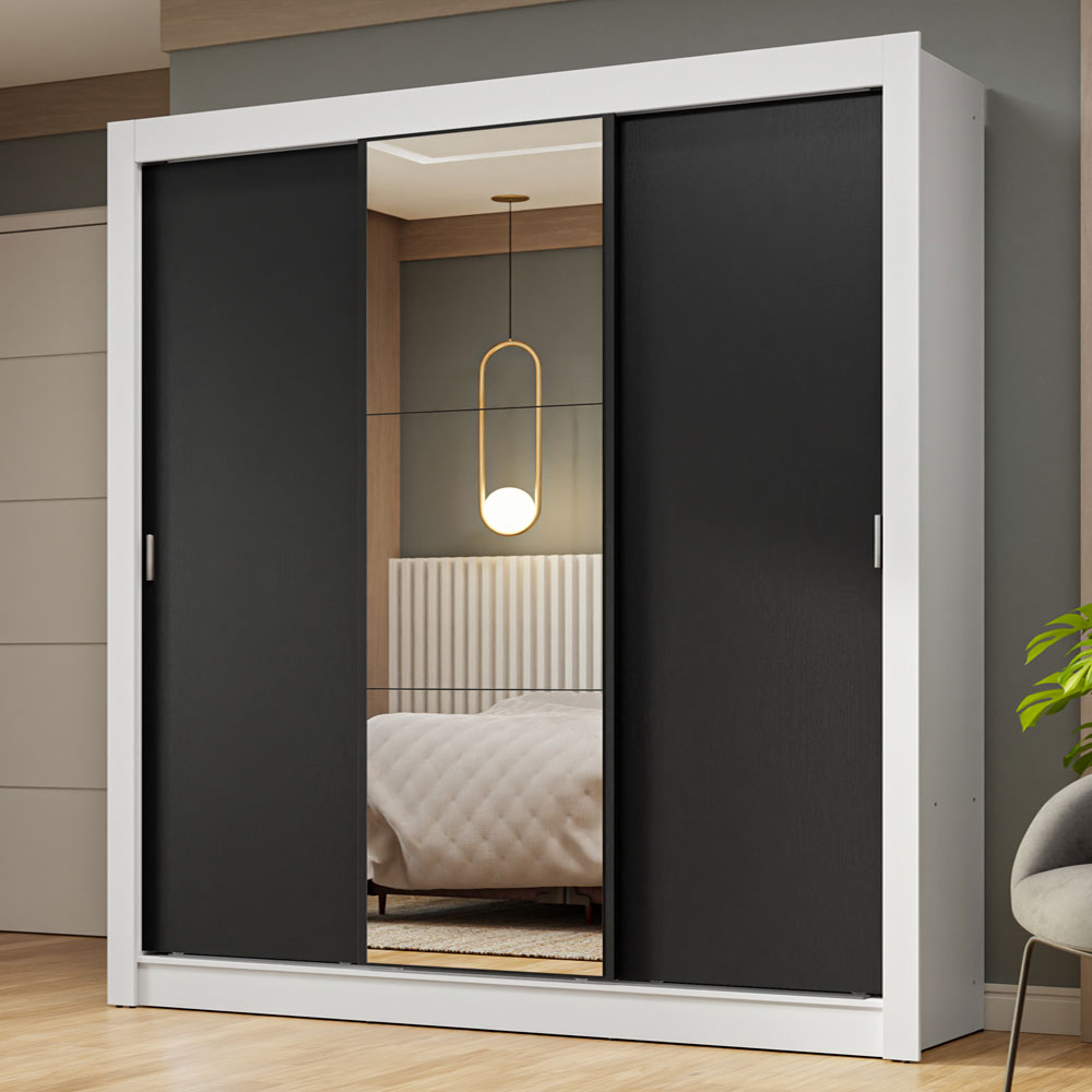 Clóset Matrimonial 3 Puertas Corredizas con Espejo Blanco/Negro Nobre