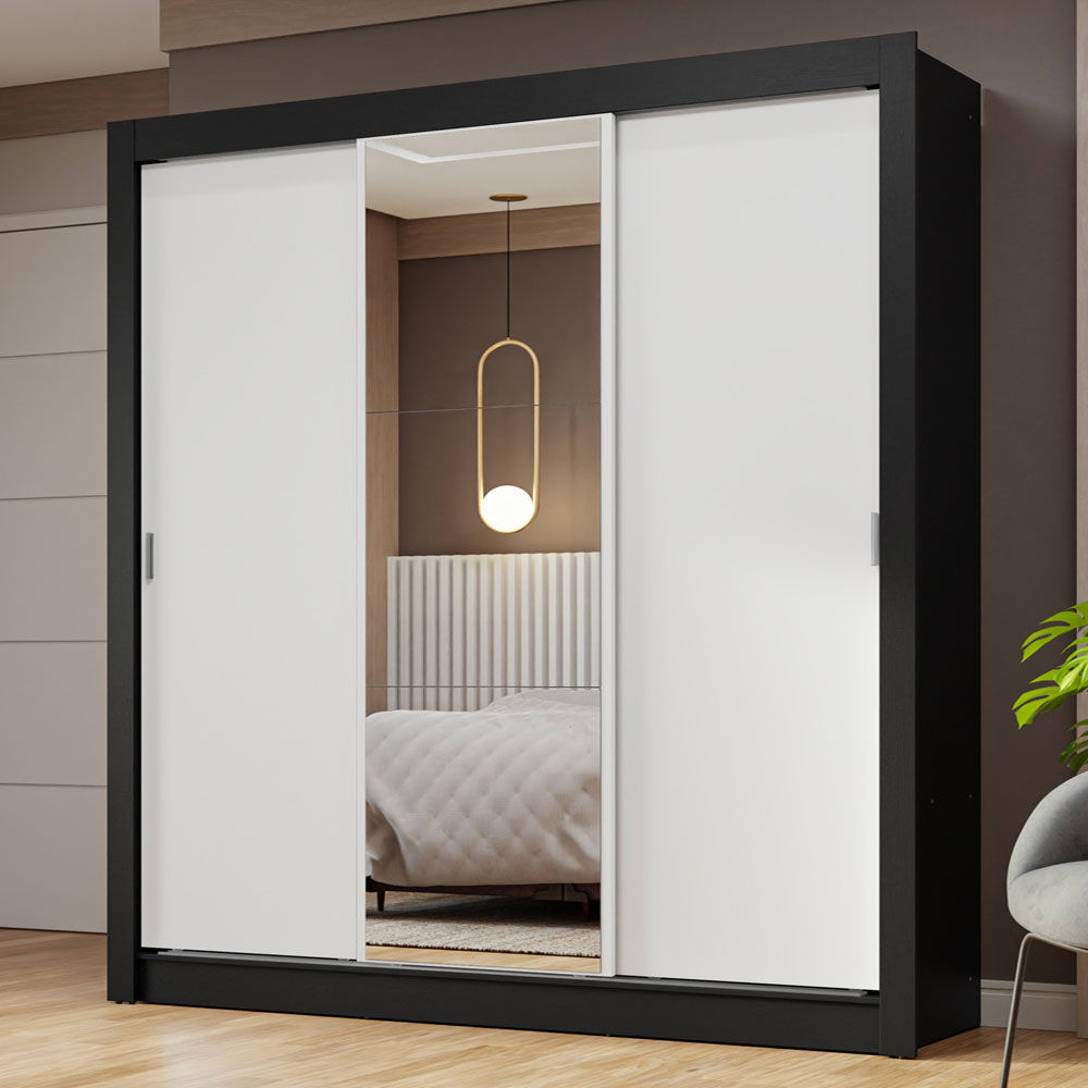Clóset Matrimonial 3 Puertas Corredizas con Espejo Negro/Blanco Nobre