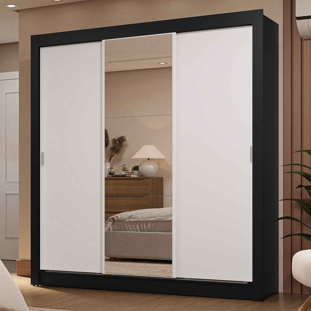 Clóset Matrimonial 3 Puertas Corredizas con Espejo 2 Cajones Negro/Blanco Sublime