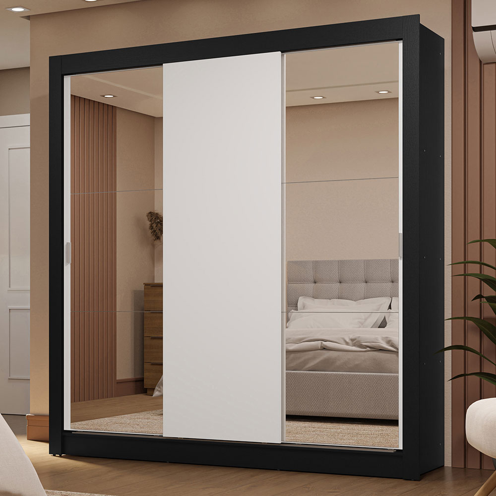 Clóset Matrimonial 3 Puertas Corredizas con Espejos 2 Cajones Negro/Blanco Sublime