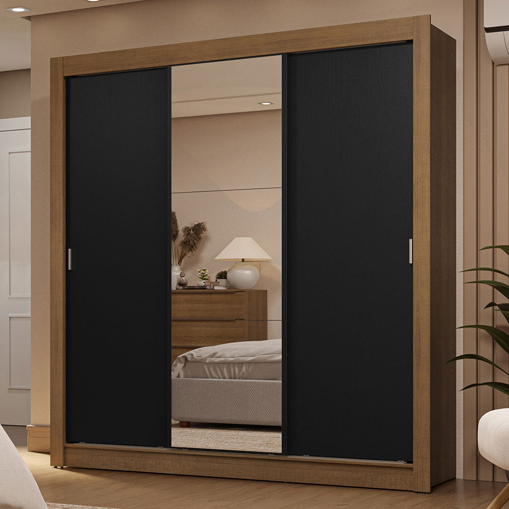 Clóset Matrimonial 3 Puertas Corredizas con Espejo 2 Cajones Marrón/Negro Sublime