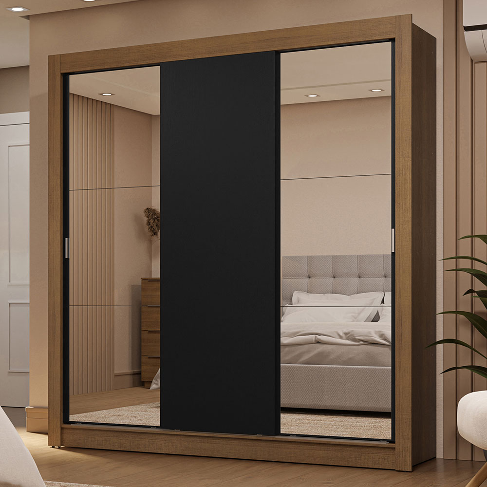 Clóset Matrimonial 3 Puertas Corredizas con Espejos 2 Cajones Marrón/Negro Sublime
