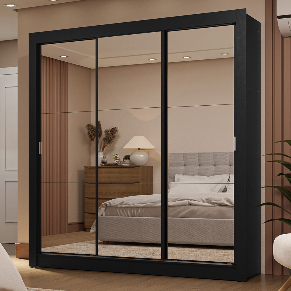 Clóset Matrimonial 3 Puertas Corredizas de Espejo 2 Cajones Negro Sublime