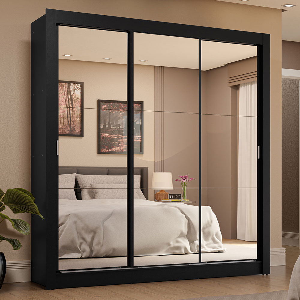 Clóset Matrimonial 3 Puertas Corredizas de Espejo 4 Cajones Negro Sublime Plus