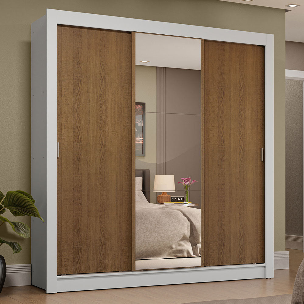 Clóset Matrimonial 3 Puertas Corredizas con Espejo 4 Cajones Blanco/Marrón Sublime Plus
