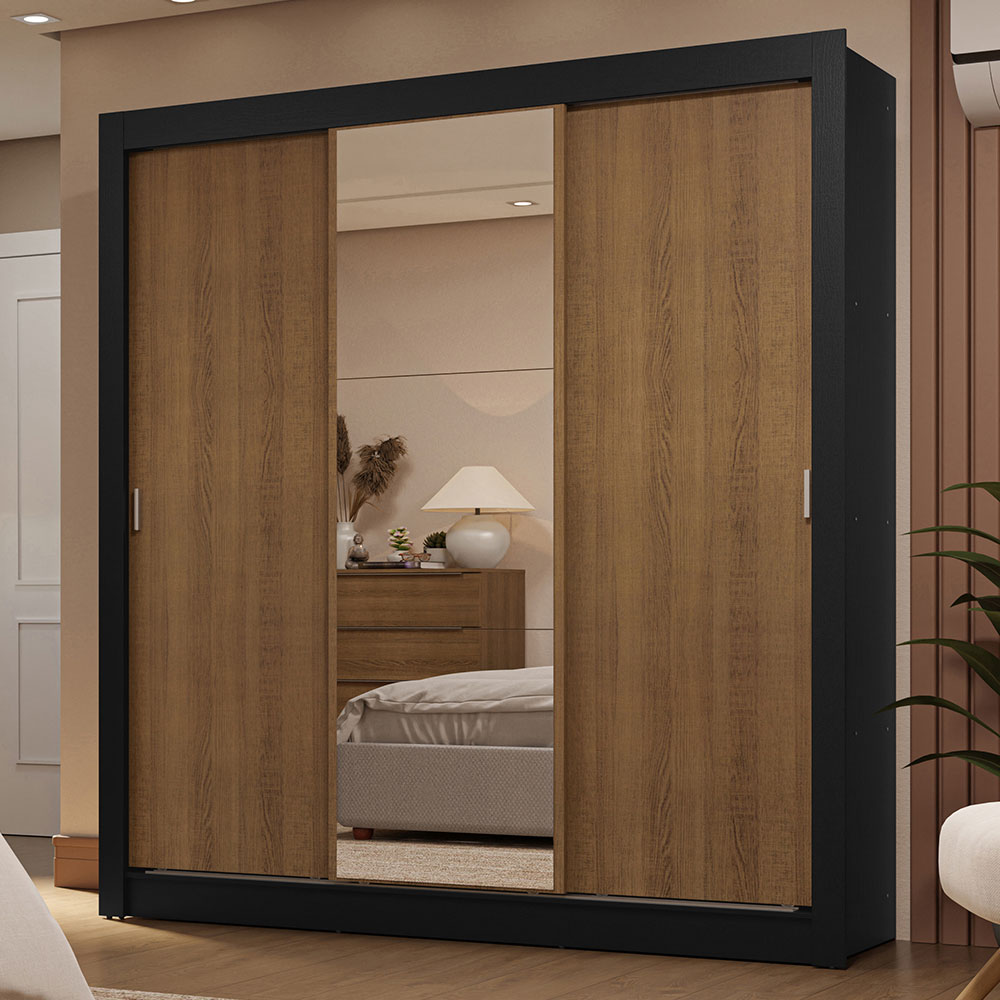 Clóset Matrimonial 3 Puertas Corredizas con Espejo 2 Cajones Negro/Marrón Sublime