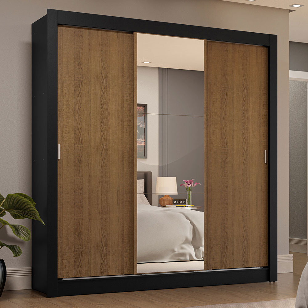 Clóset Matrimonial 3 Puertas Corredizas con Espejo 4 Cajones Negro/Marrón Sublime Plus
