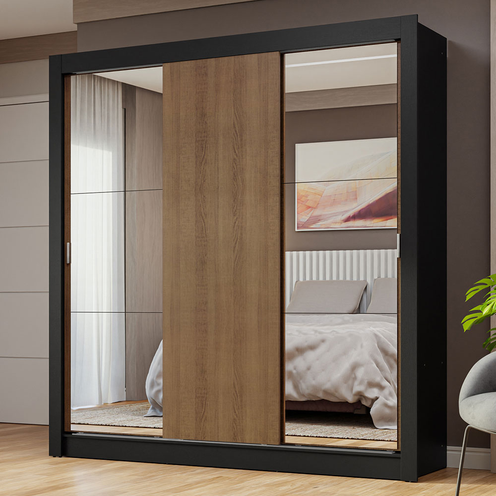 Clóset Matrimonial 3 Puertas Corredizas con Espejos Negro/Marrón Nobre