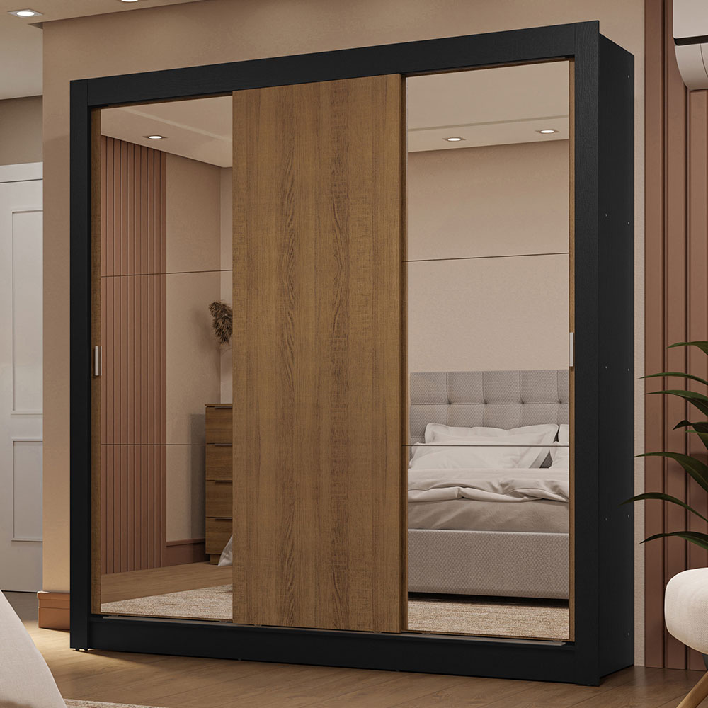 Clóset Matrimonial 3 Puertas Corredizas con Espejos 2 Cajones Negro/Marrón Sublime