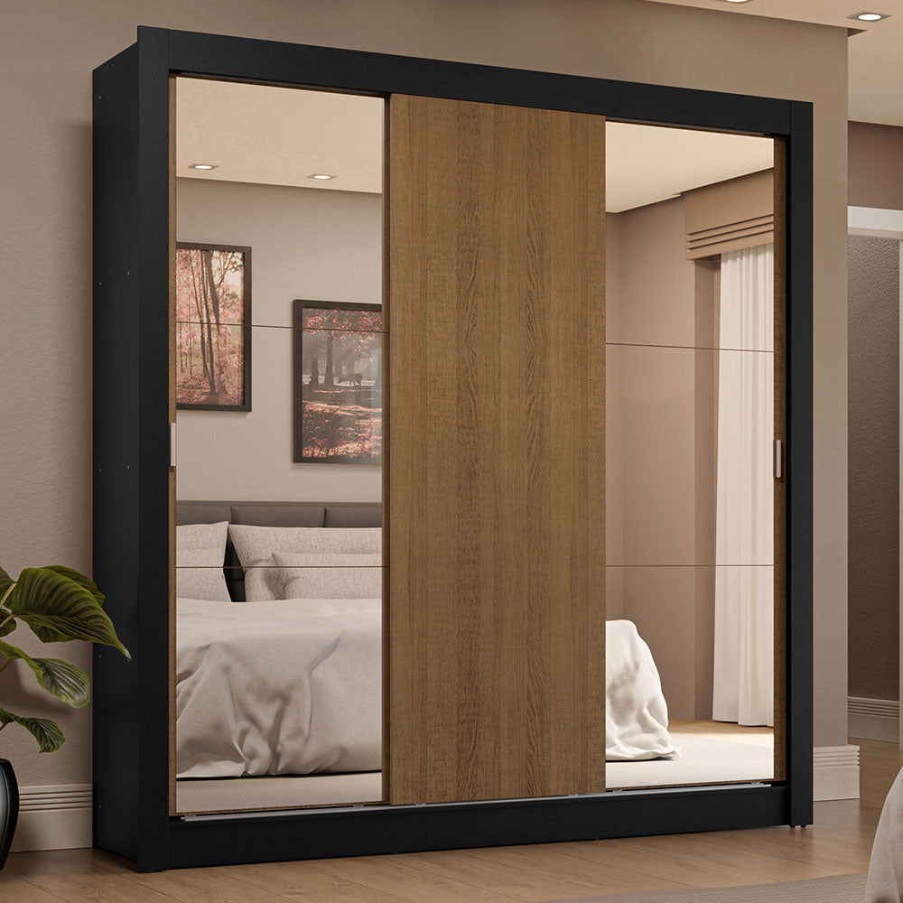 Clóset Matrimonial 3 Puertas Corredizas con Espejos 4 Cajones Negro/Marrón Sublime Plus