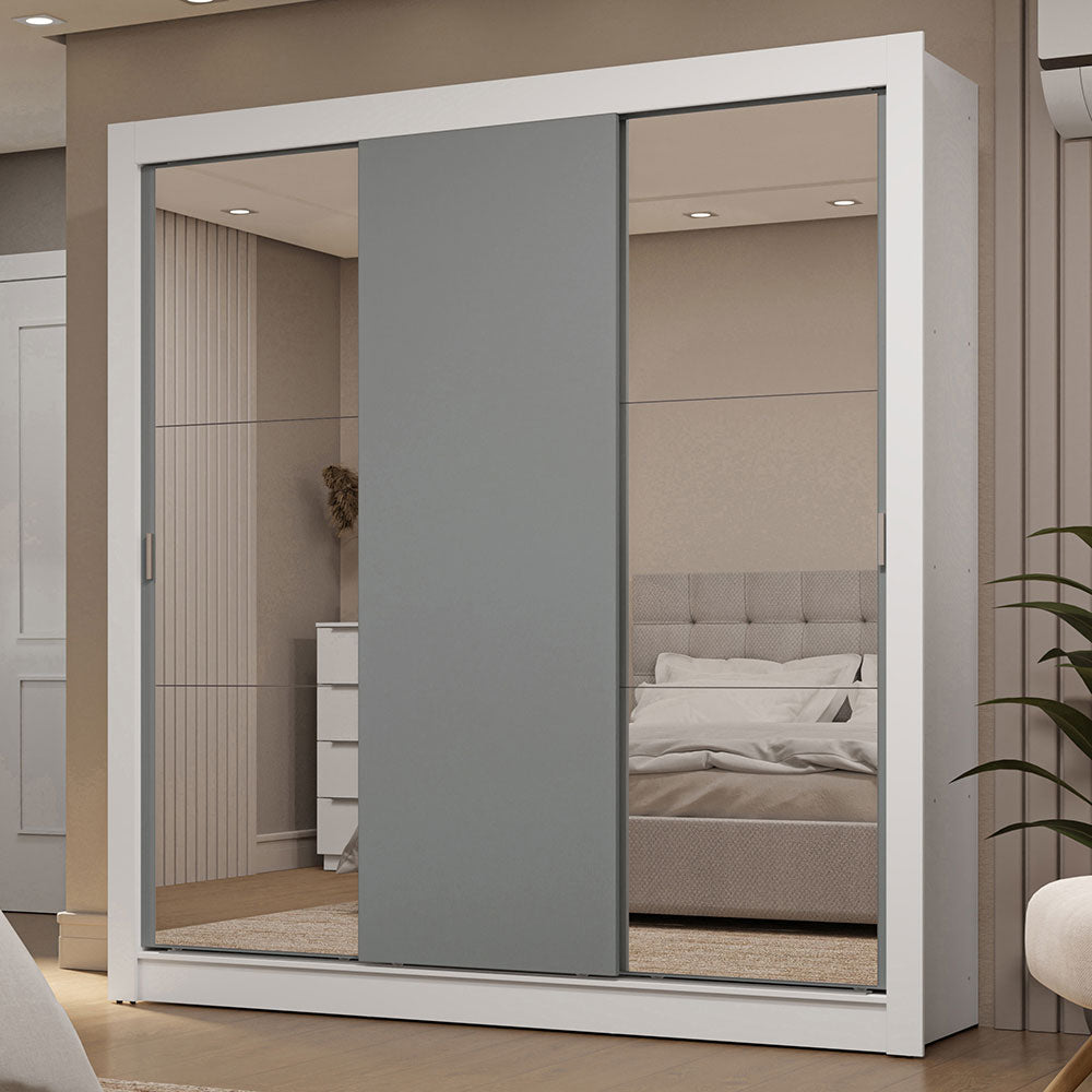 Clóset Matrimonial 3 Puertas Corredizas con Espejo 2 Cajones Blanco/Gris Sublime