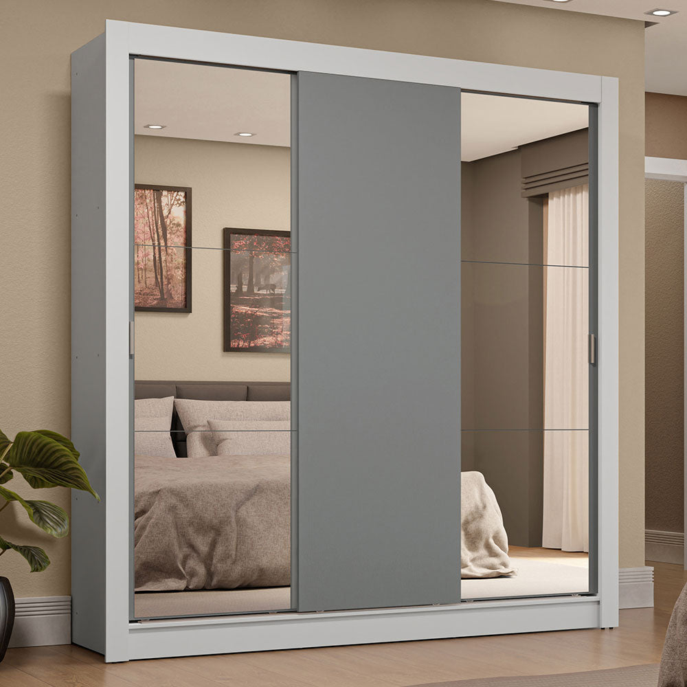 Clóset Matrimonial 3 Puertas Corredizas con Espejos 4 Cajones Blanco/Gris Sublime Plus