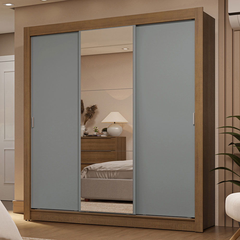 Clóset Matrimonial 3 Puertas Corredizas con Espejos 2 Cajones Marrón/Gris Sublime