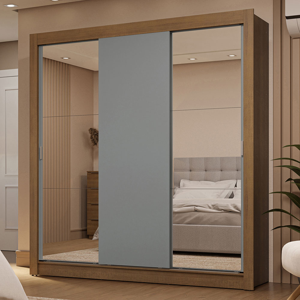 Clóset Matrimonial 3 Puertas Corredizas con Espejo 2 Cajones Marrón/Gris Sublime