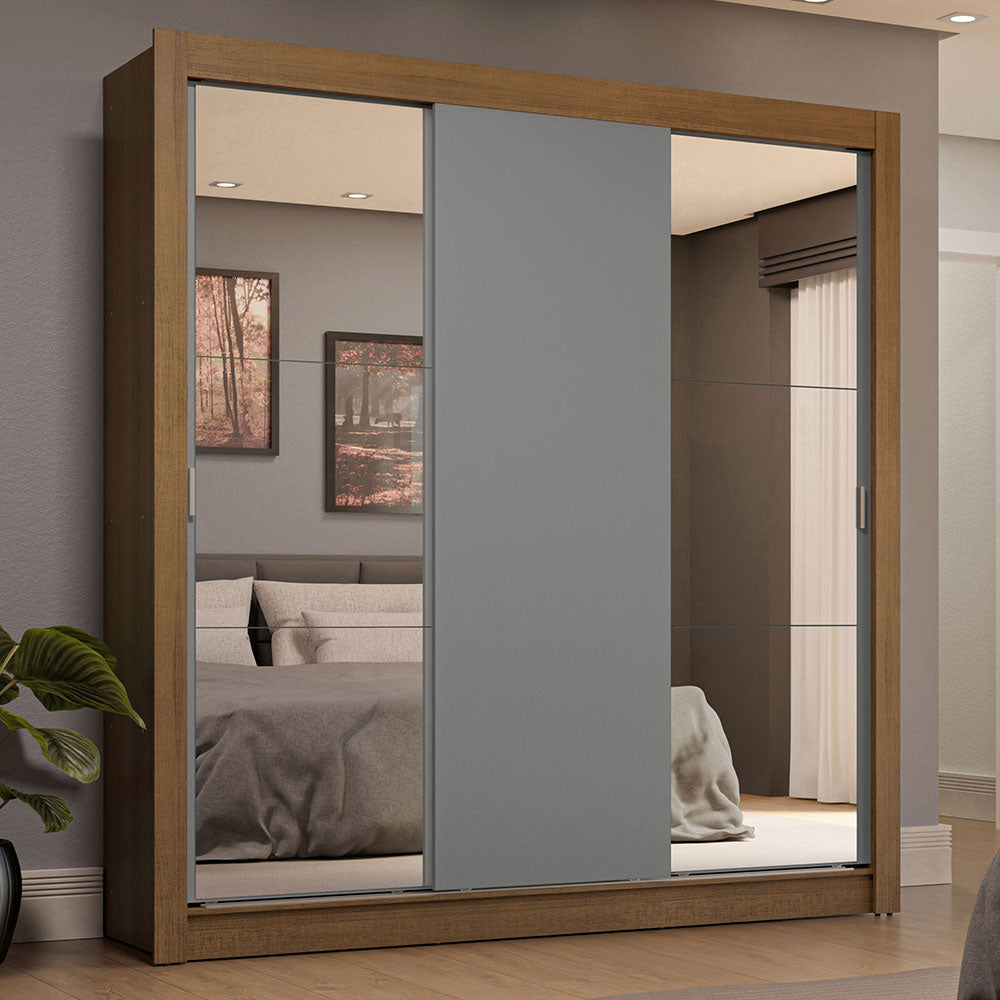 Clóset Matrimonial 3 Puertas Corredizas con Espejo 4 Cajones Marrón/Gris Sublime Plus