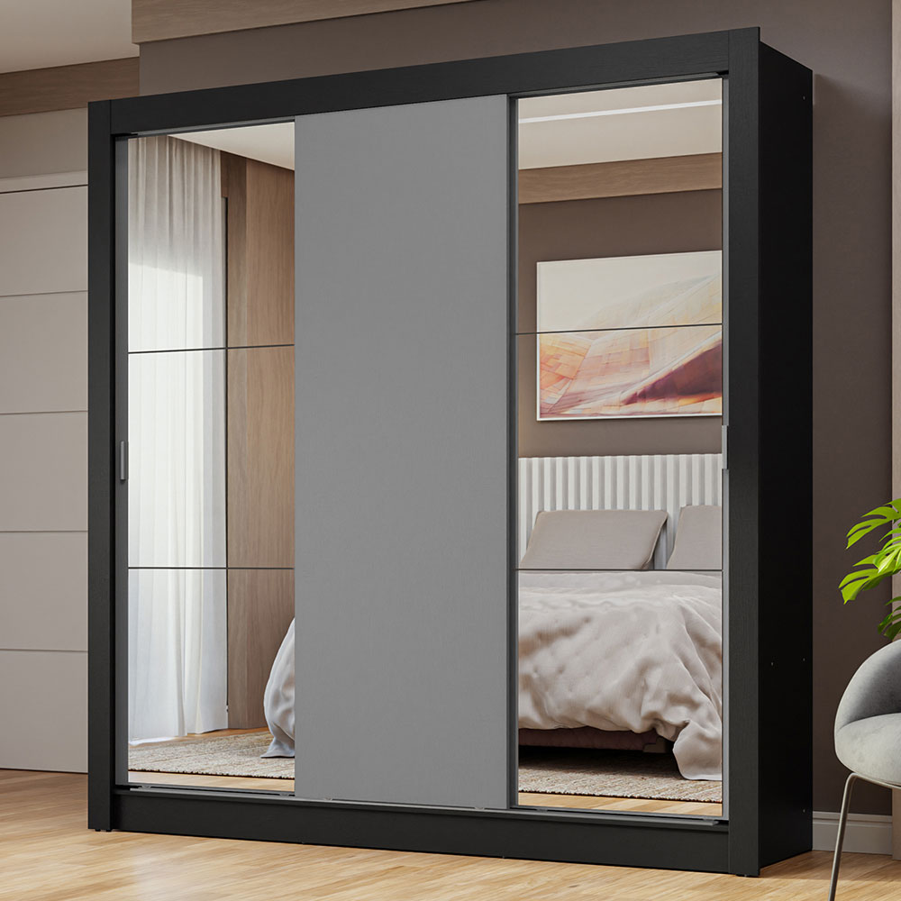 Clóset Matrimonial 3 Puertas Corredizas con Espejo Negro/Gris Nobre