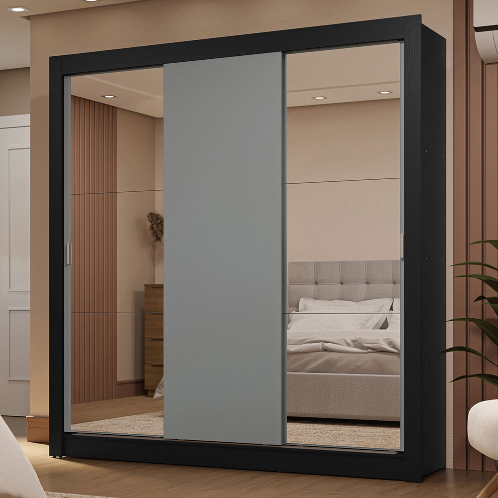 Clóset Matrimonial 3 Puertas Corredizas con Espejo 2 Cajones Negro/Gris Sublime