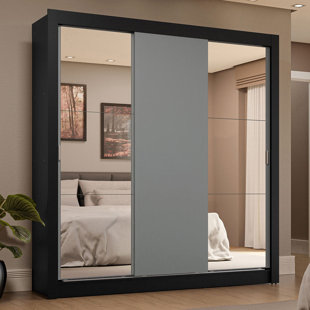 Clóset Matrimonial 3 Puertas Corredizas con Espejo 4 Cajones Negro/Gris Sublime Plus
