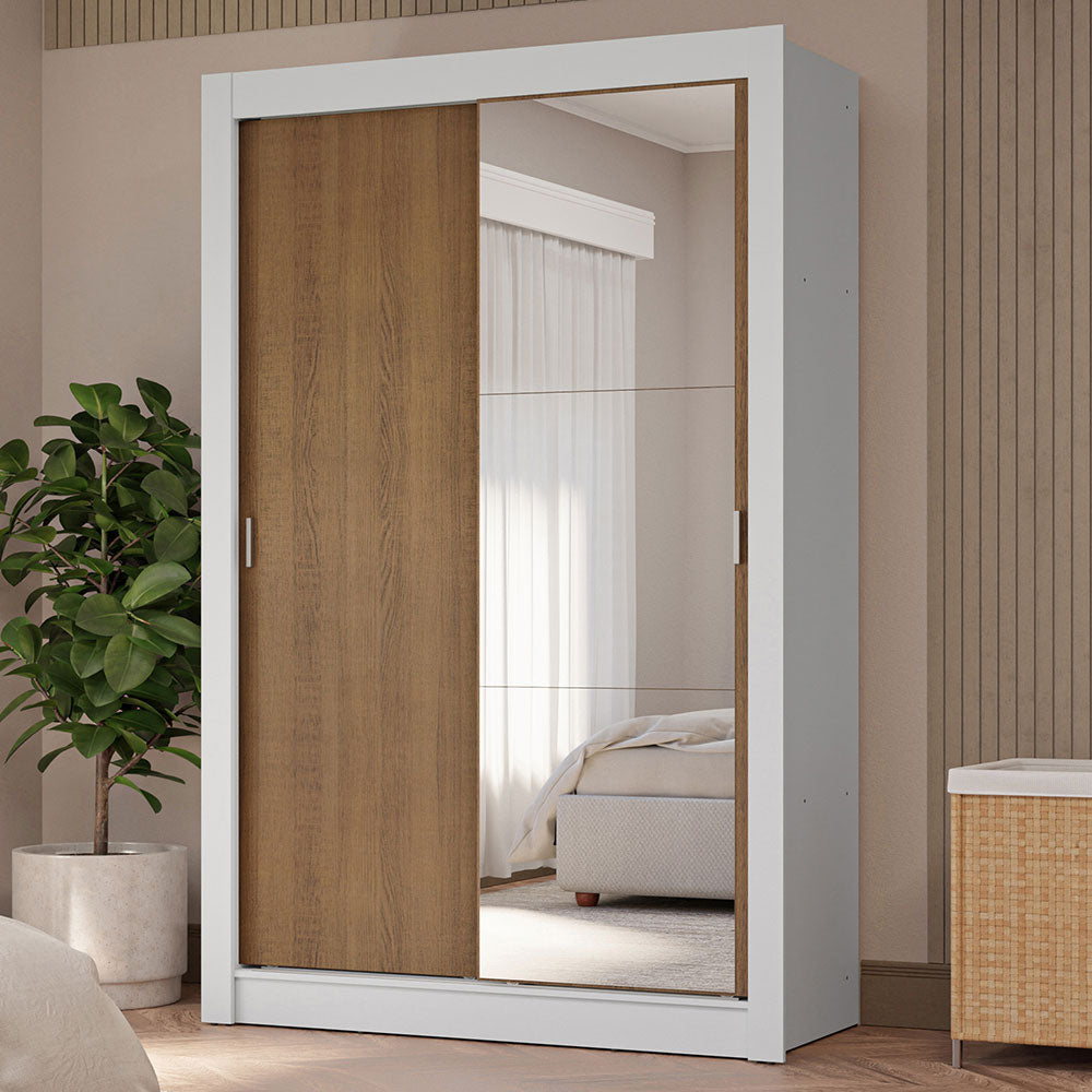 Clóset Soltero 2 Puertas Corredizas con Espejo 4 Cajones Blanco/Marrón Vivare Plus