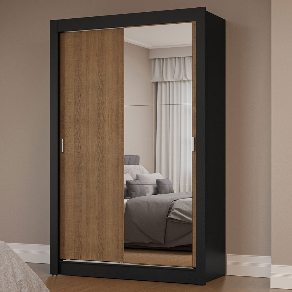 Clóset Soltero 2 Puertas Corredizas con Espejo Negro/Marrón Milano
