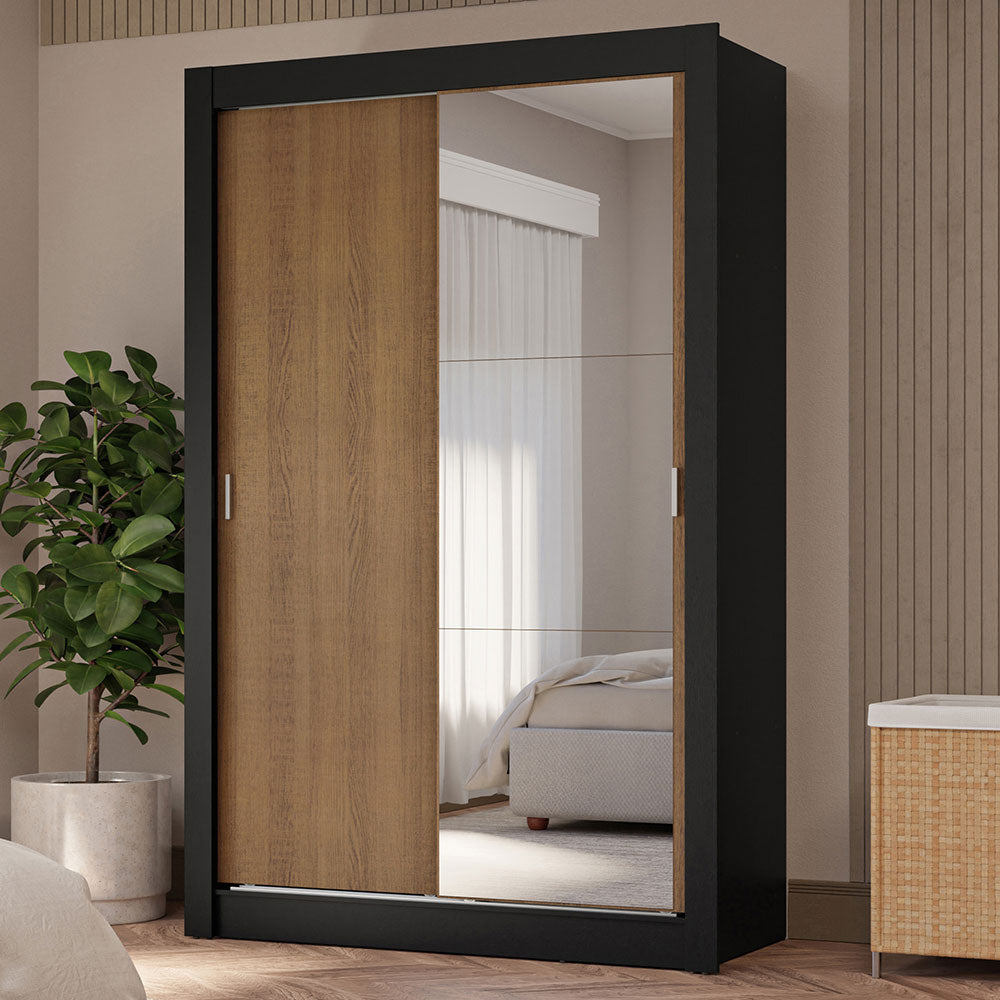 Clóset Soltero 2 Puertas Corredizas con Espejo 4 Cajones Negro/Marrón Vivare Plus