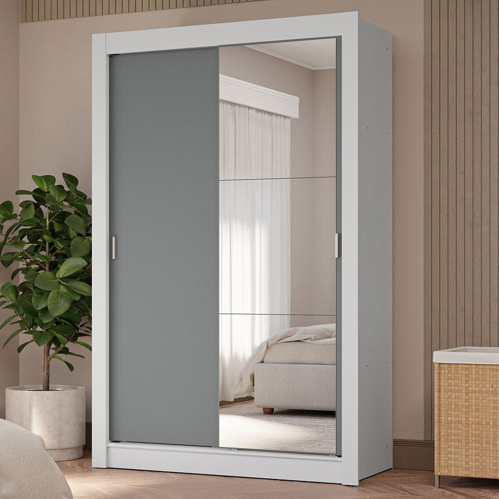 Clóset Soltero 2 Puertas Corredizas con Espejo 4 Cajones Blanco/Gris Vivare Plus