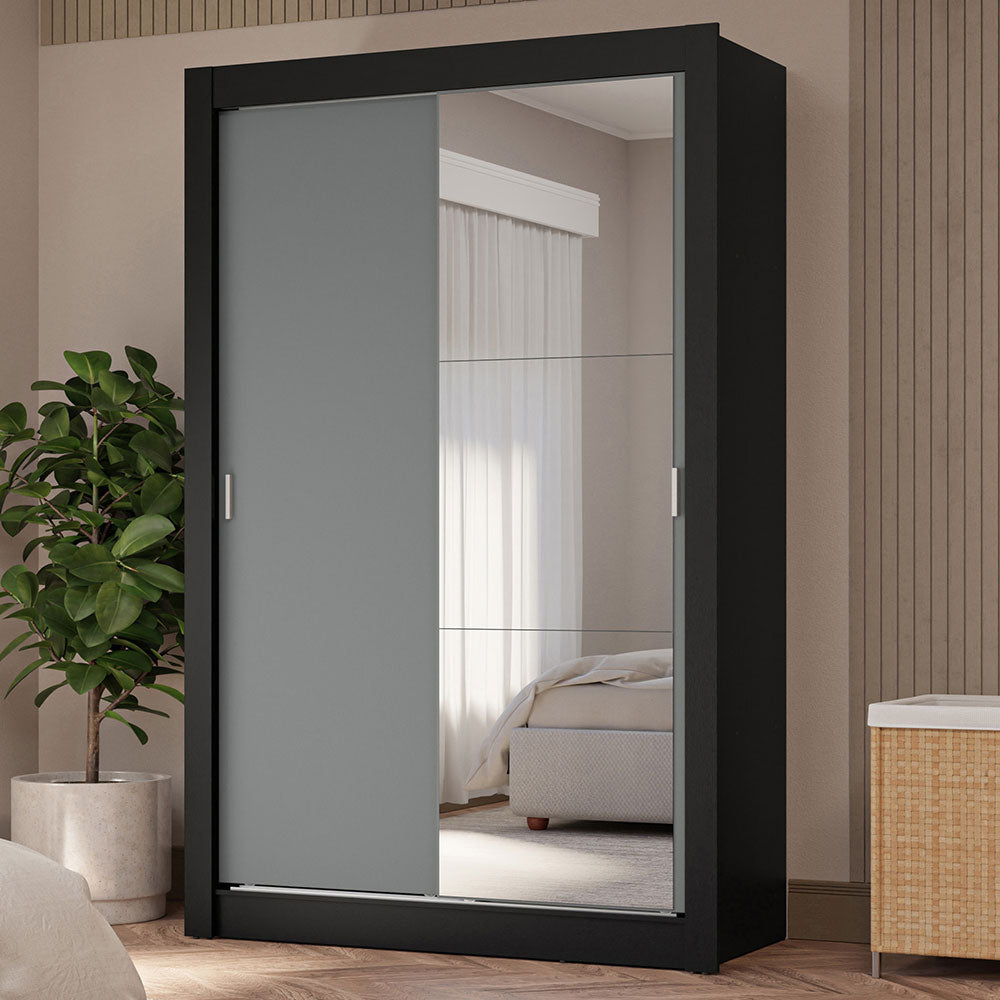 Clóset Soltero 2 Puertas Corredizas con Espejo 4 Cajones Negro/Gris Vivare Plus