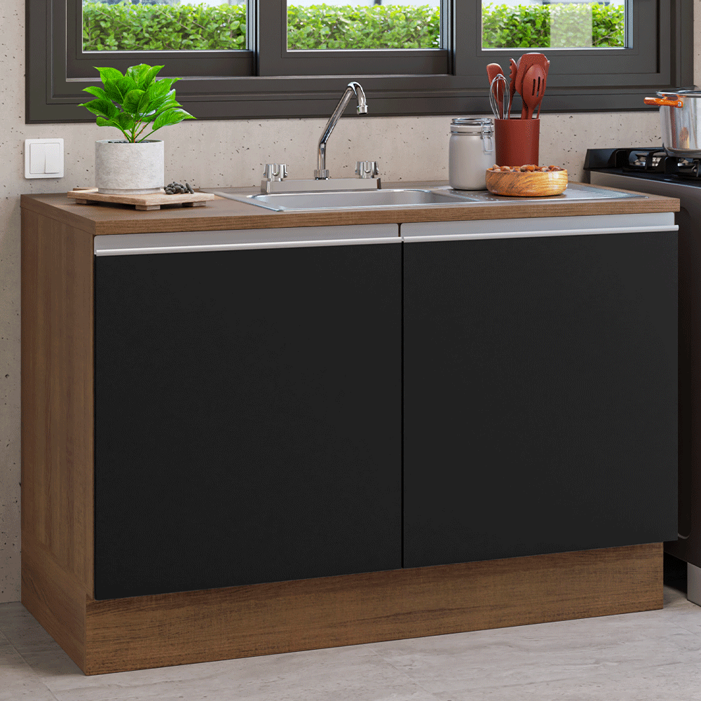 Gabinete Bajo para Fregadero con Accesorios de Cocina 120 x 60 cm 2 Puertas (Con Encimera) Glamy Marrón/Negro