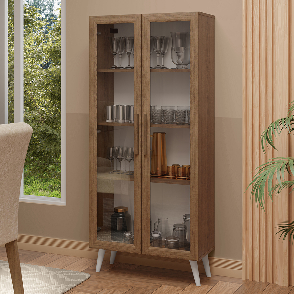 Vitrina 70 cm 2 Puertas de Vidrio con Patas Cónicas Marrón/Blanco Madesa